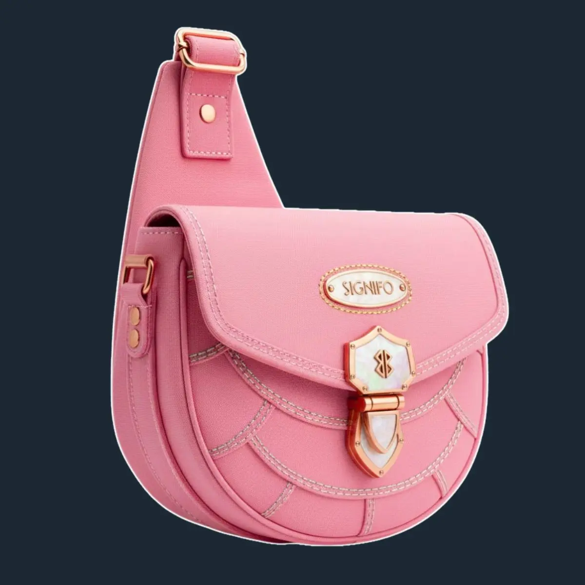 Tas Bubblegum Aegis Sling dengan gesper berbentuk perisai.