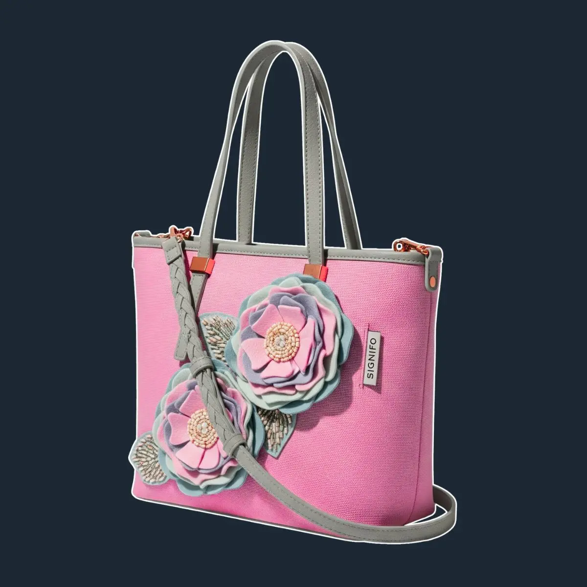 Tas Floral Applique pink dengan dua bunga kain bertumpuk.