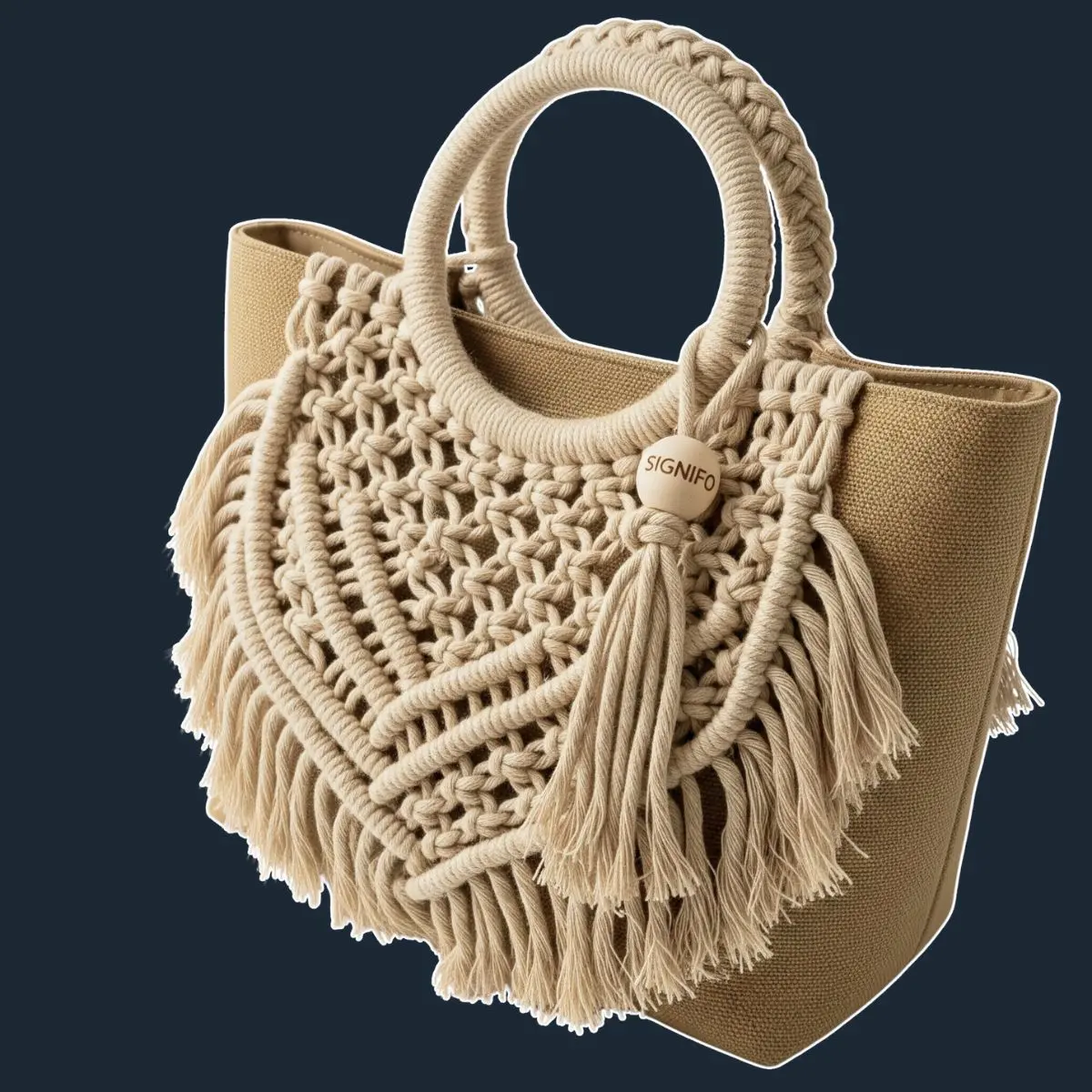 Tas jinjing The Artisan Tote bermotif makrame dan rumbai