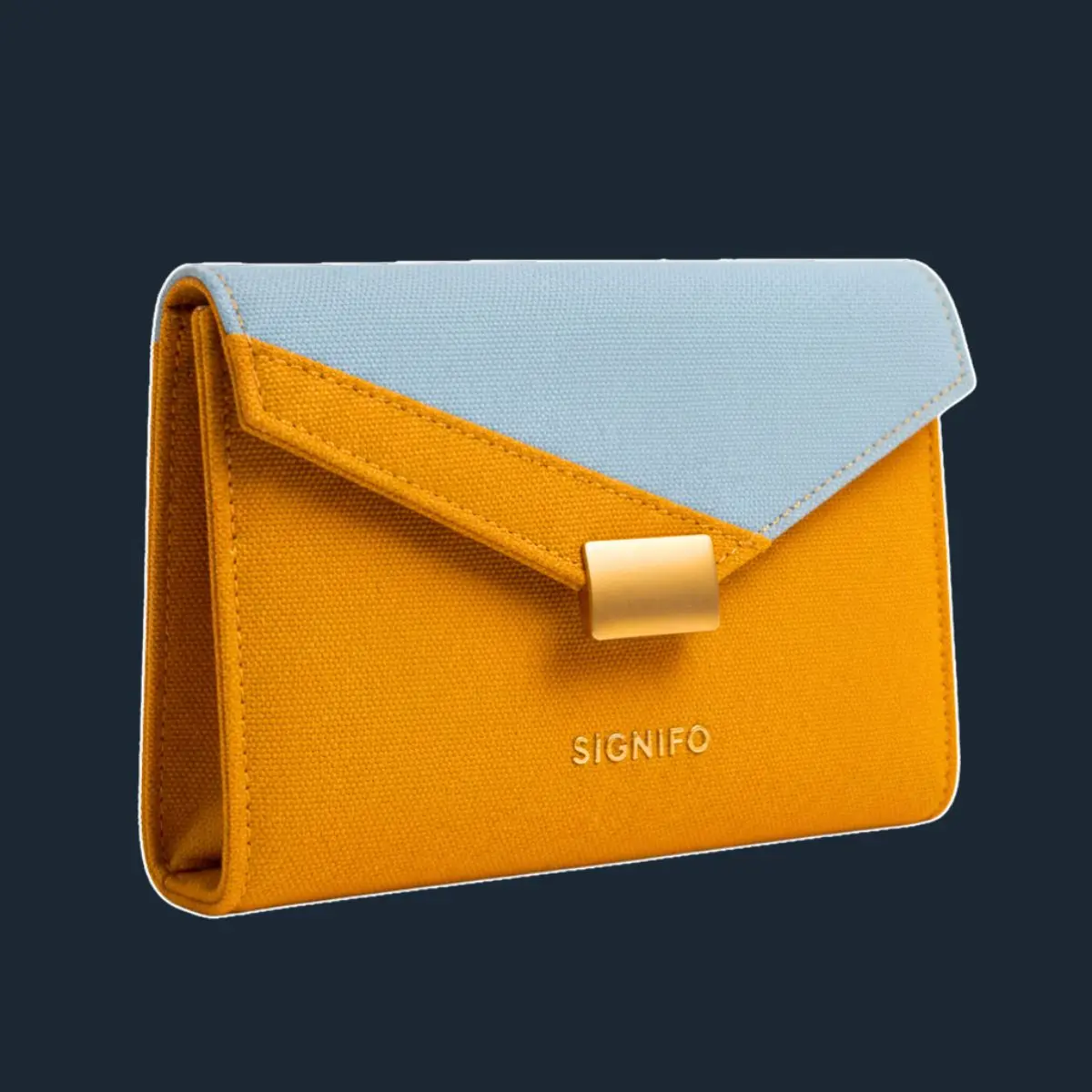 Dompet D.H. Solstice Fold kuning dengan flap biru pudar.