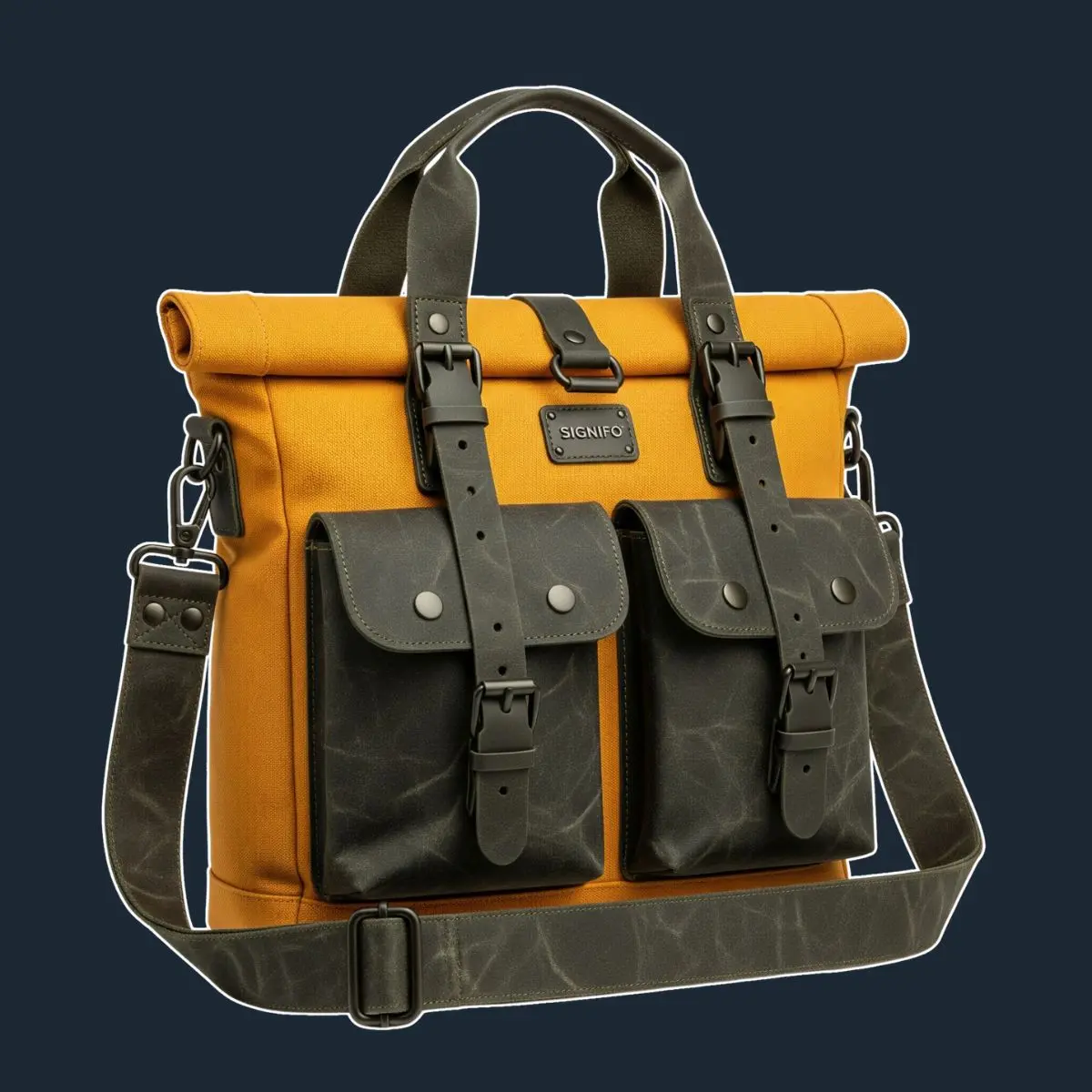 Tas Modern Field Tote marigold dengan saku kargo besar.