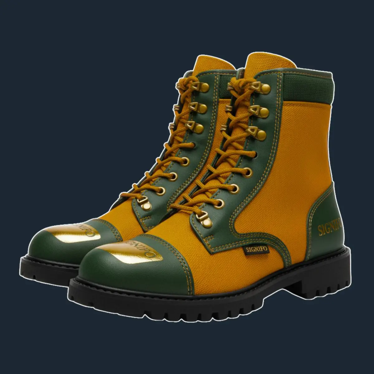 Sepatu bot Rw Gladiators Stride kuning dengan aksen hijau tua.