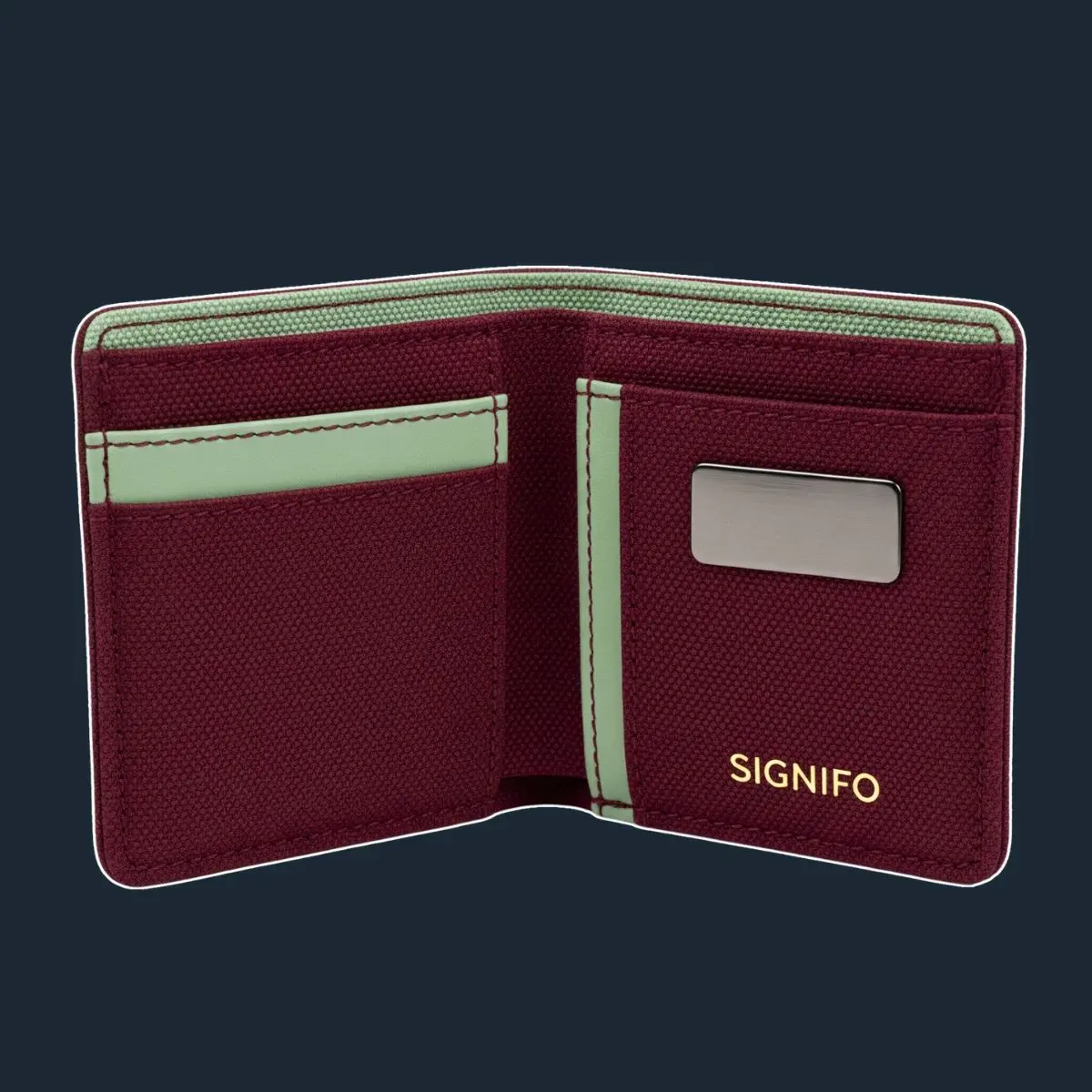 Dompet Mu Enclave marun dengan tekstur lembut.