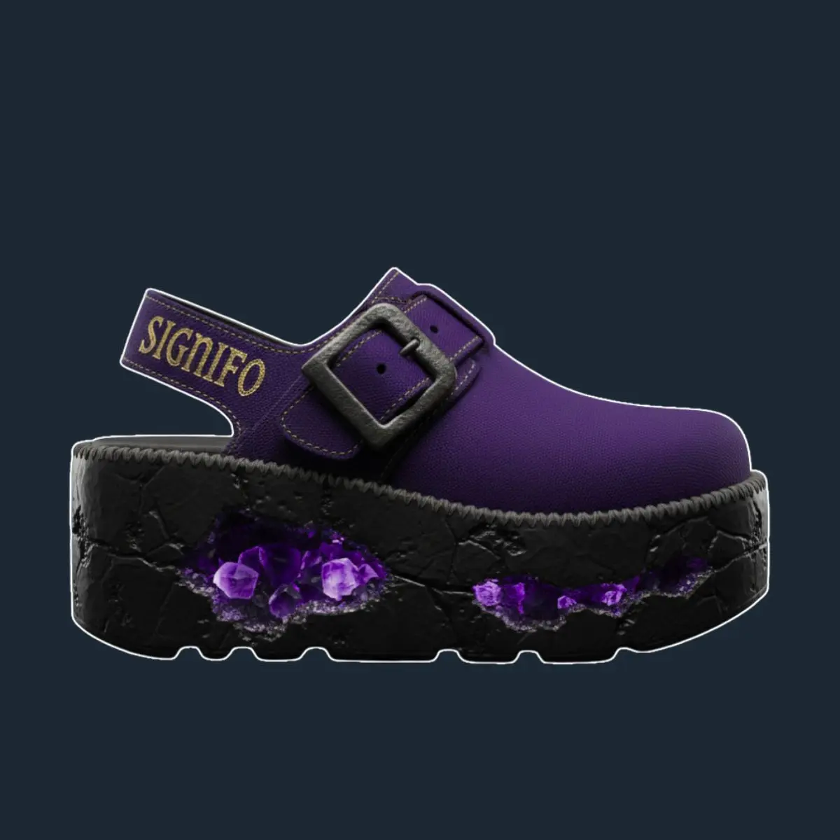 Clogs Abyssal Geode ungu dengan platform kristal.
