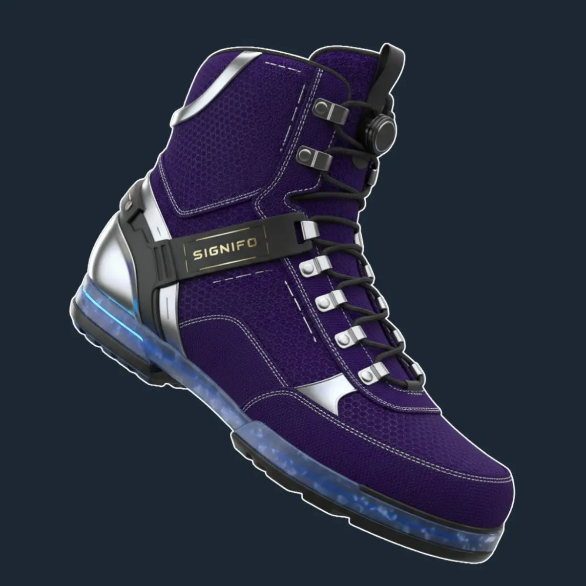 Sepatu bot Aetherium Strider ungu dengan sol biru transparan.