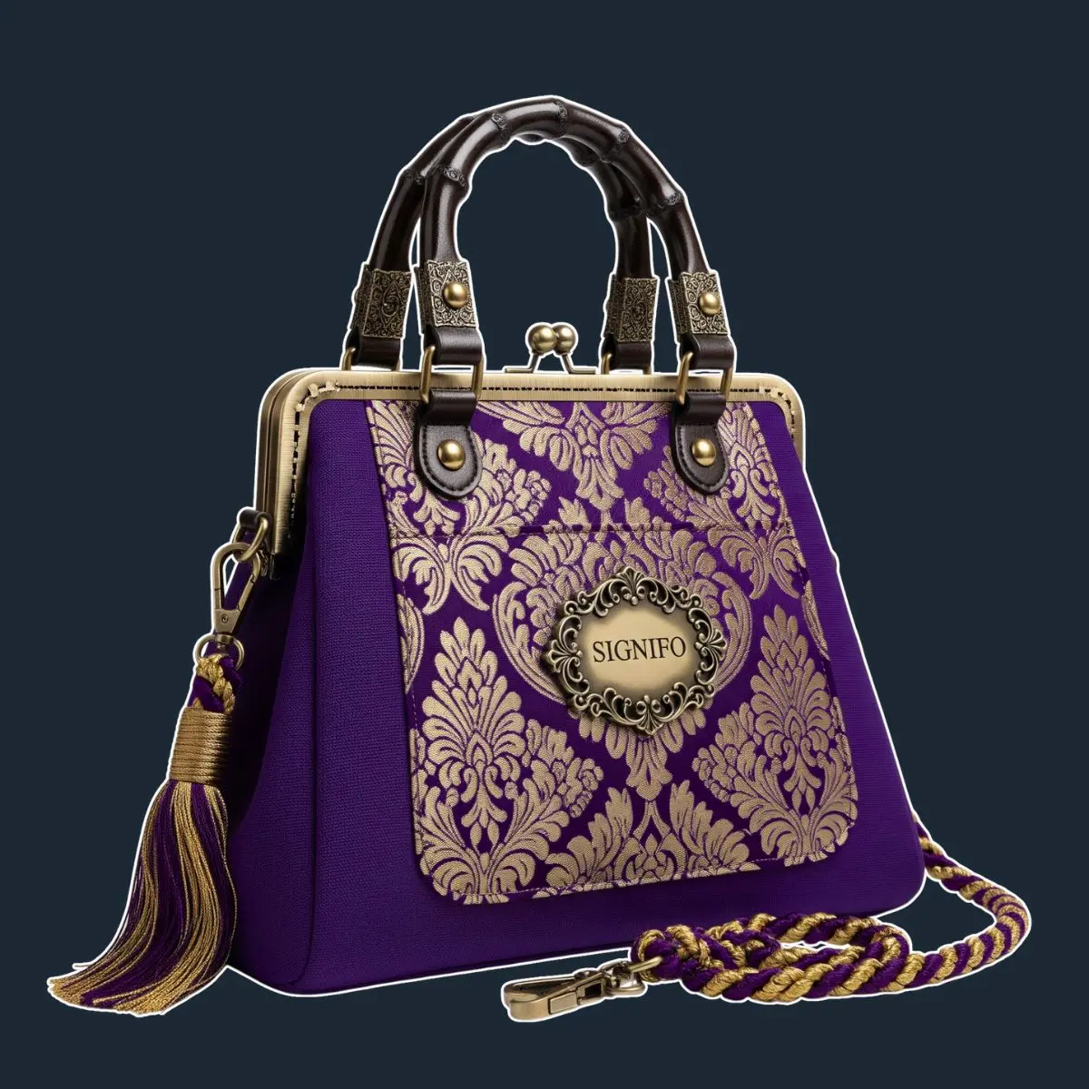 Tas Baroque ungu dengan panel damask emas dan pegangan kayu.
