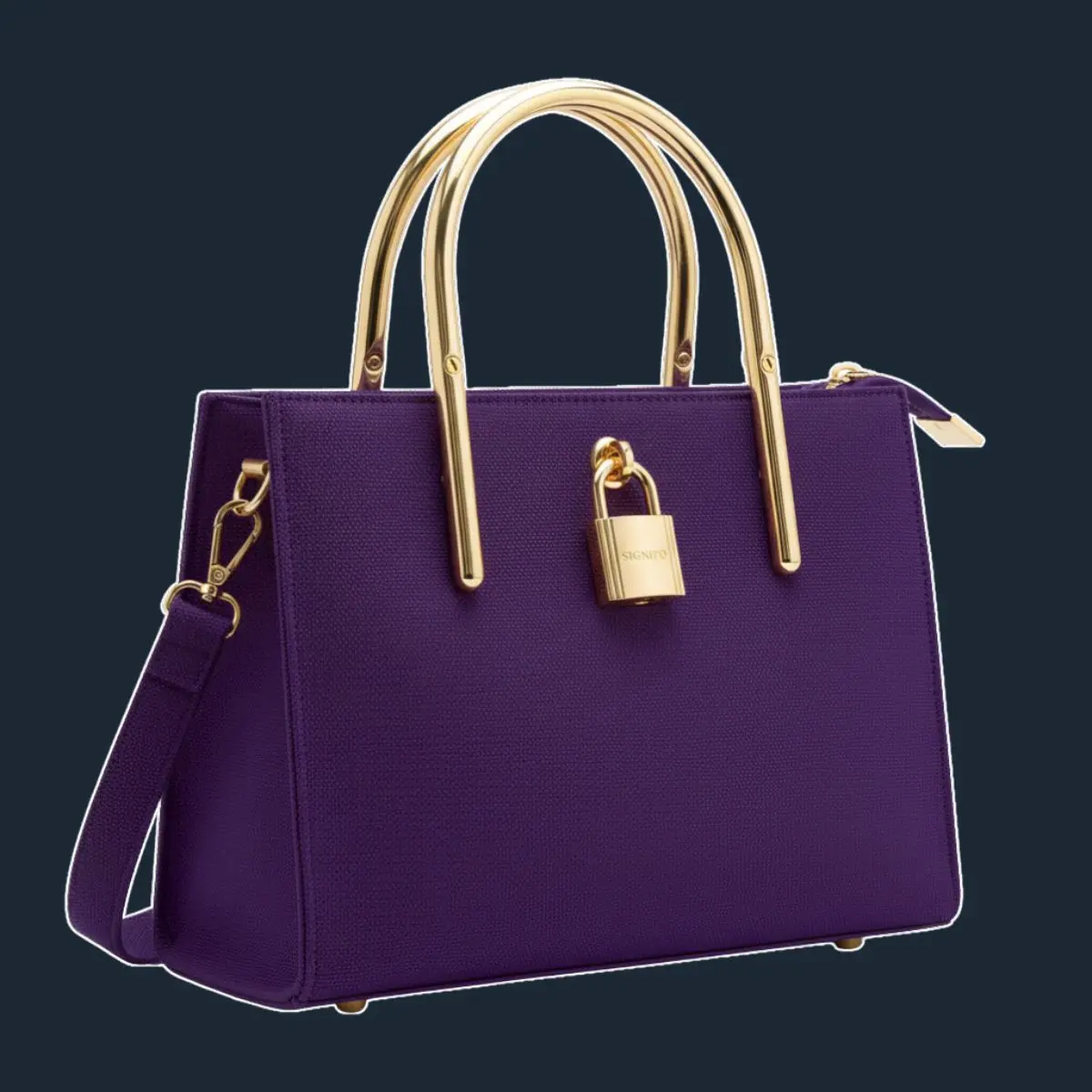 Tas Elysian Arch ungu dengan pegangan lengkung emas.