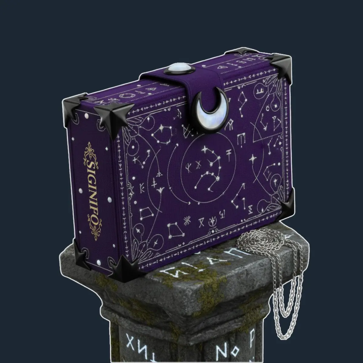 Clutch Noctilucent Grimoire ungu berhias konstelasi.