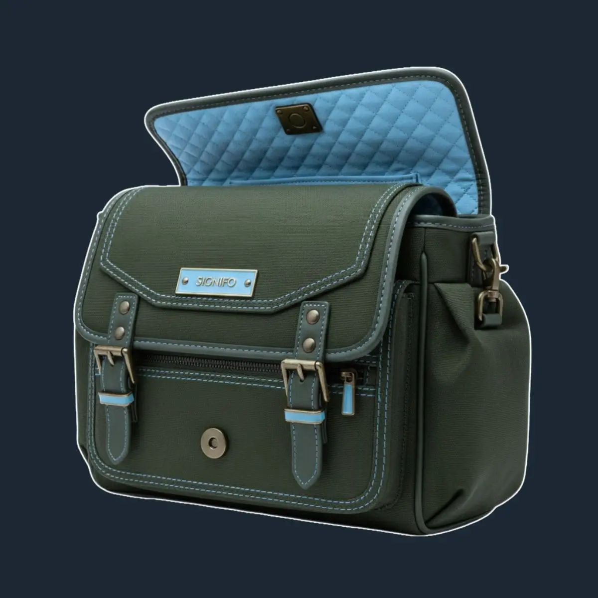 Satchel Benteng Kanvas Langit hijau dengan interior biru wajik.