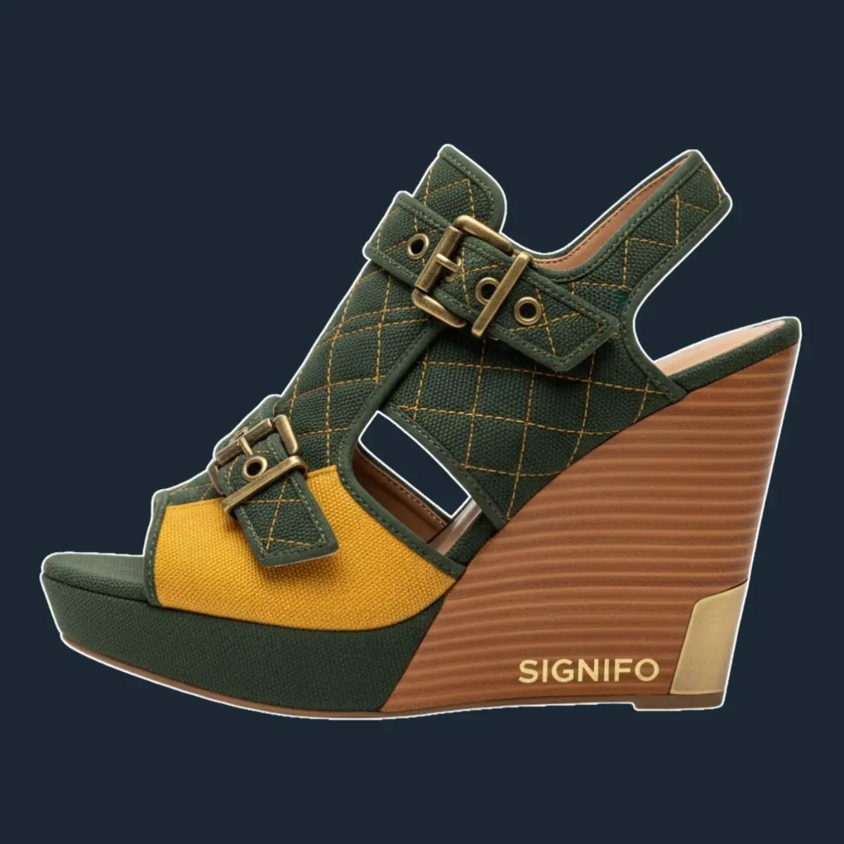 Sandal wedge Hutan Emas hijau dengan aksen mustard.