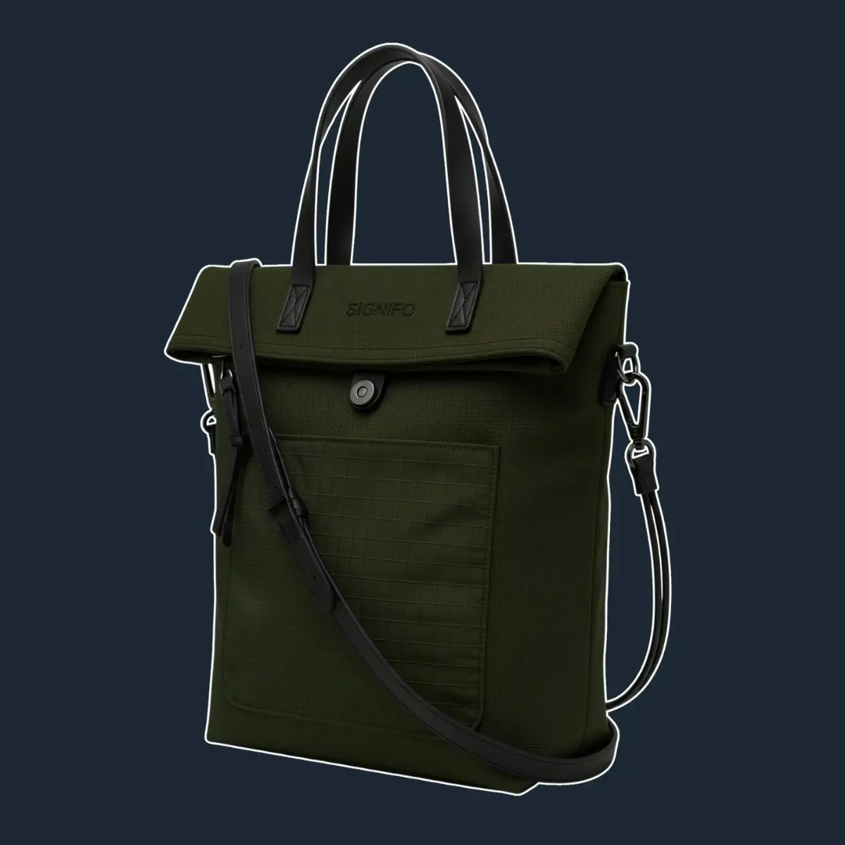 Tas Night Mission flap hijau dengan tali kulit hitam.