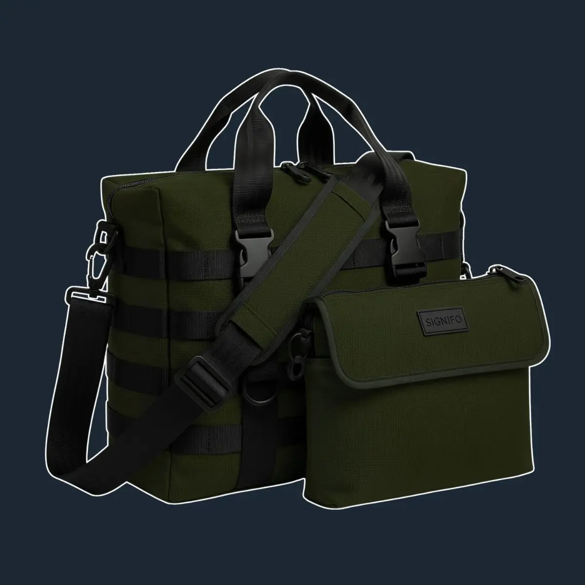 Tas Urban Commando hijau dengan sistem MOLLE dan kantong lepas.