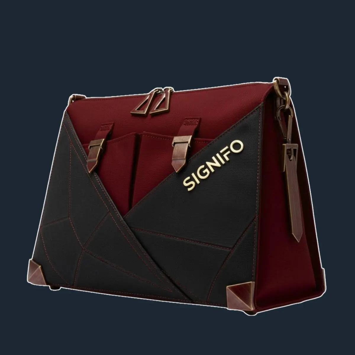 Tas selempang Blodmane Silhuett merah hitam dengan geometri tajam.