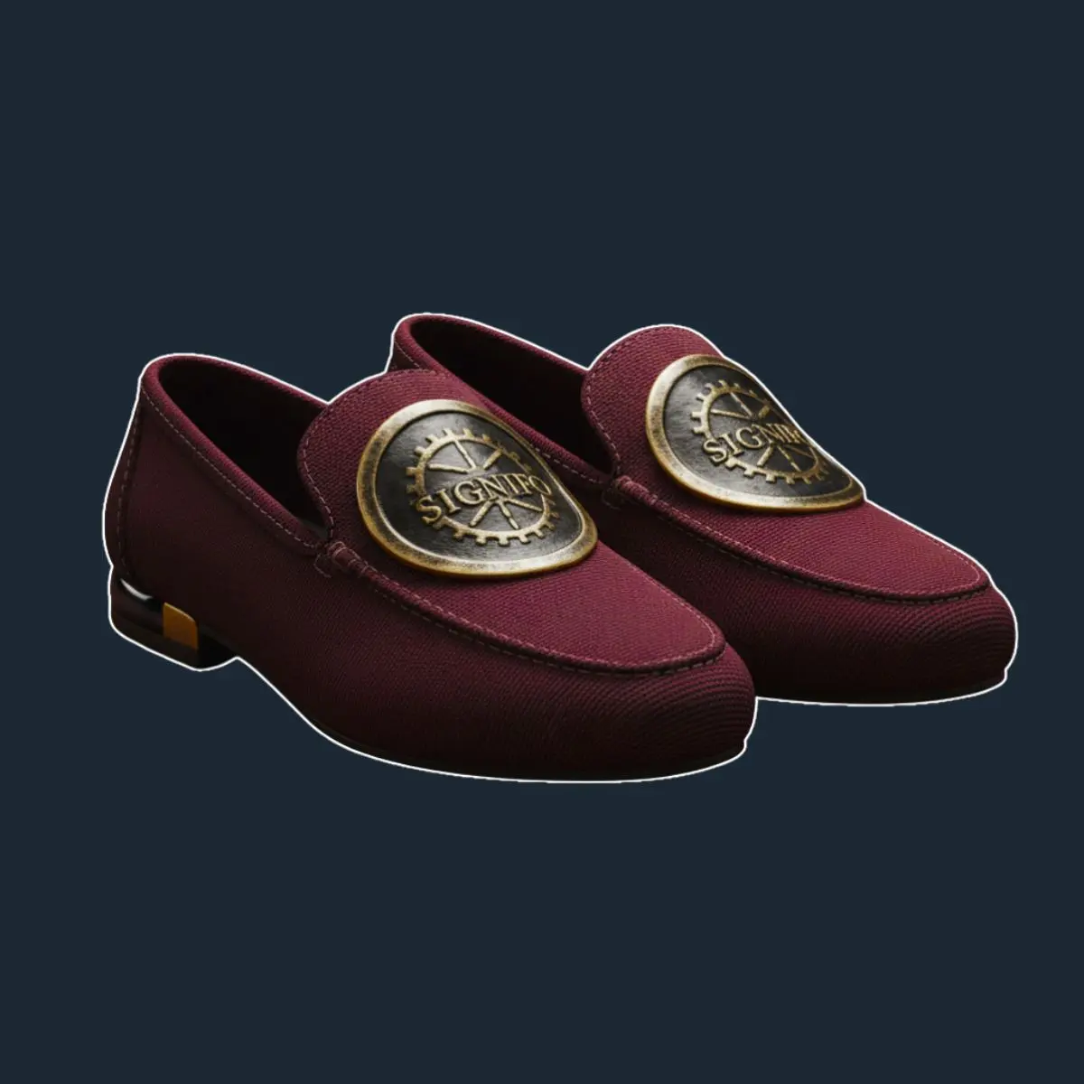 Loafer Chronos Keepsake merah dengan emblem roda gigi.