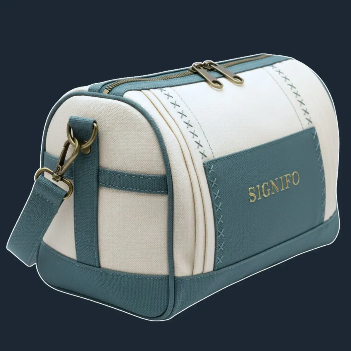 Duffel off-white biru-hijau dengan jahitan silang.