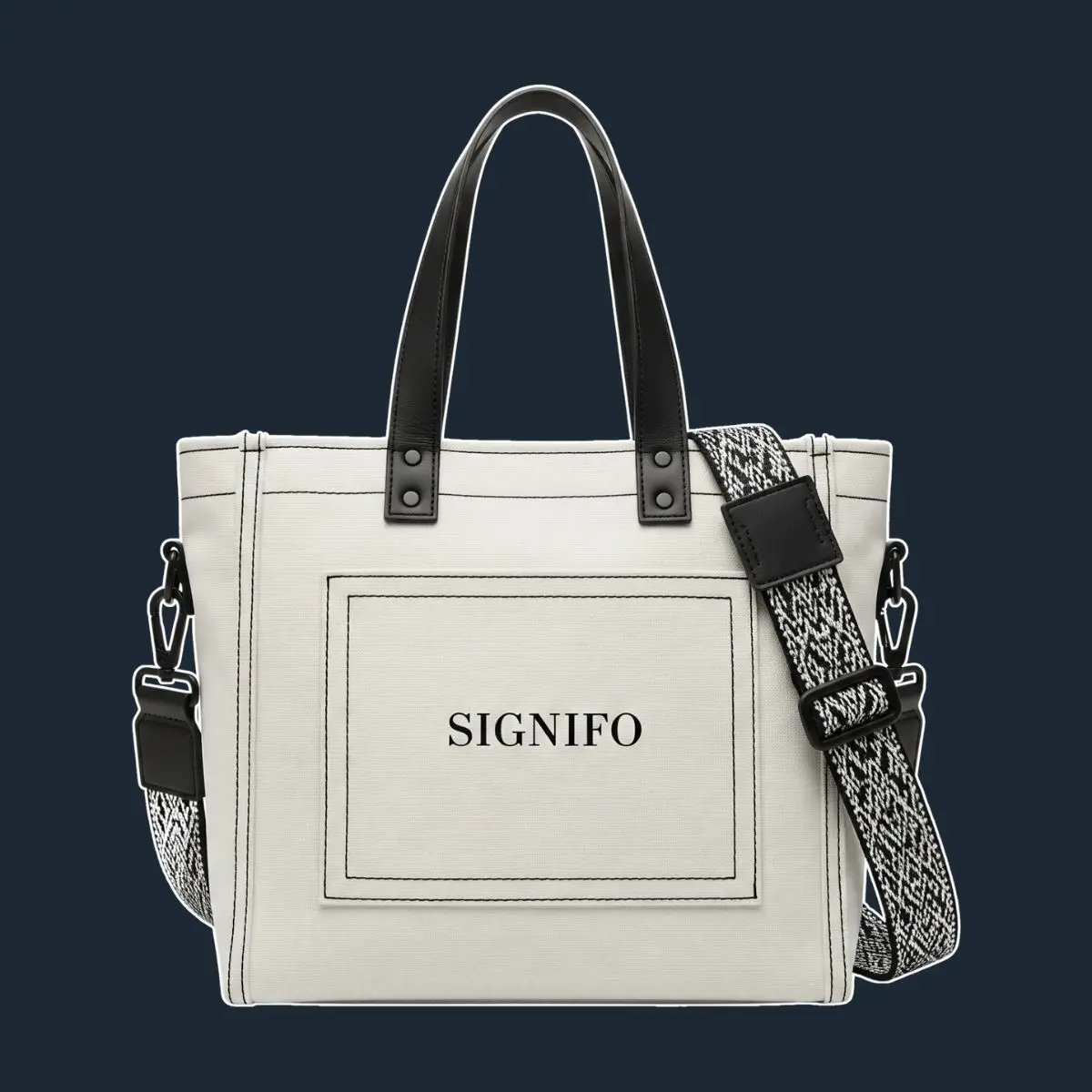 Tote off-white dengan jahitan hitam dan tali tenun.