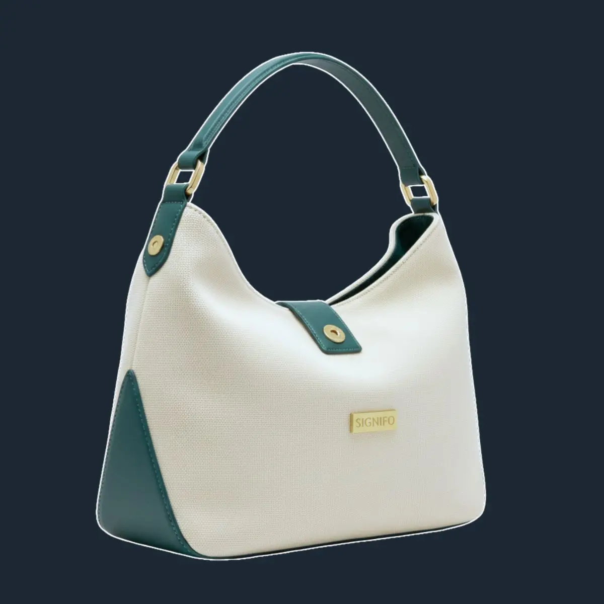 Tas bahu off-white dengan panel hijau tua.