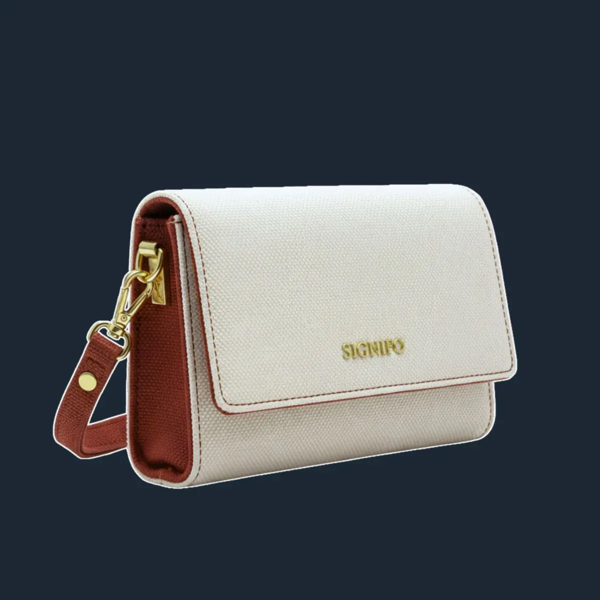 Tas selempang Signifo krem-terakota dengan perangkat keras emas.