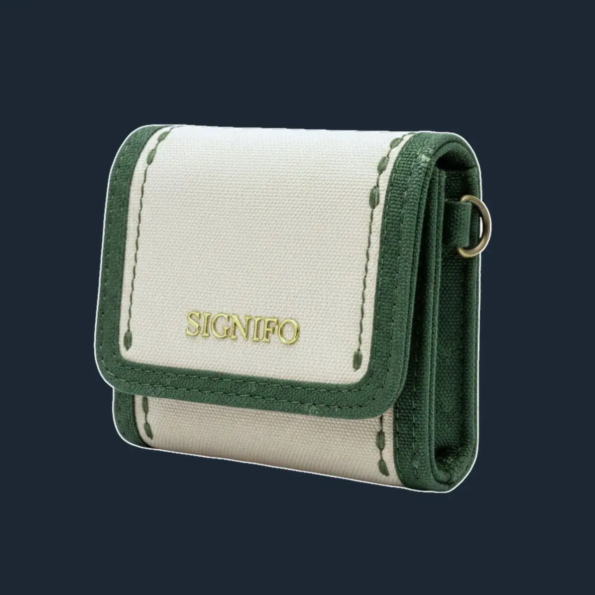 Dompet lipat tiga off-white dengan trim hijau tua.