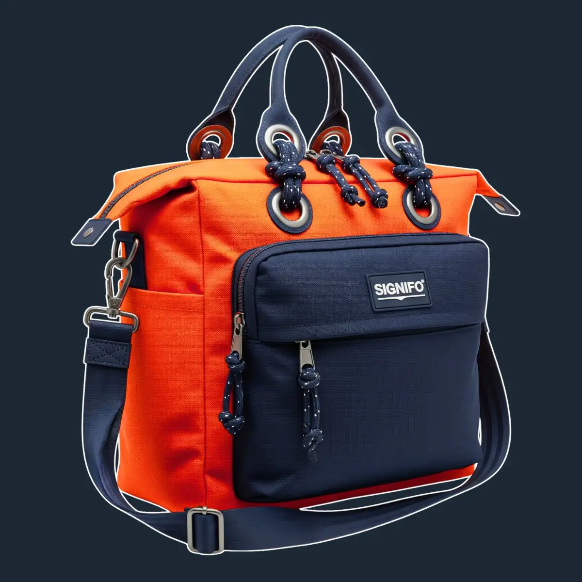 Tas tote selempang oranye biru tua bertali serut.