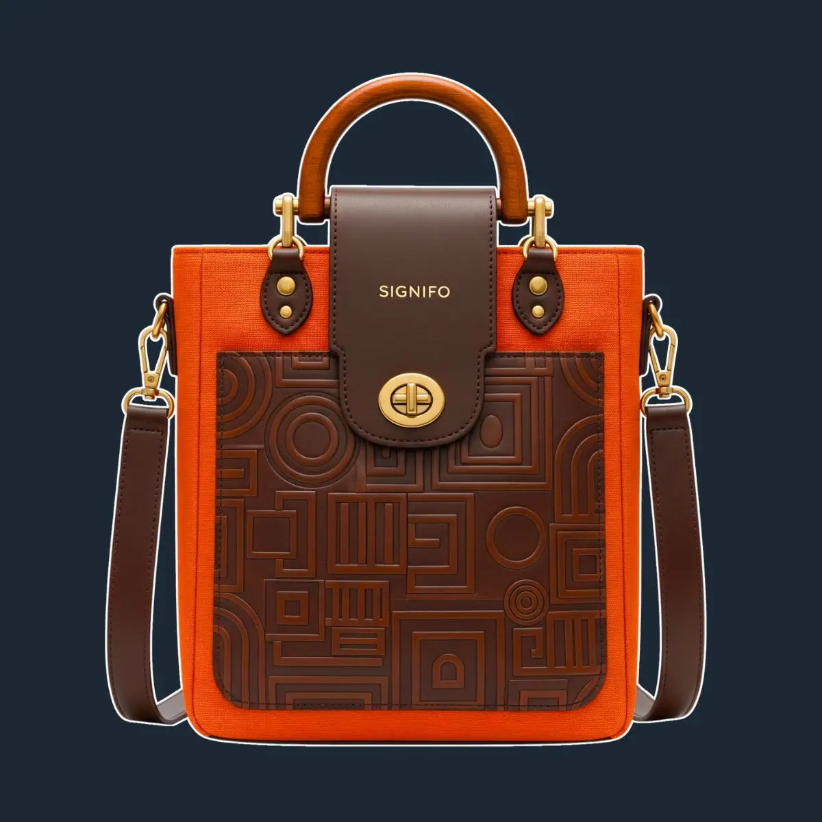 Tas oranye berpenutup kulit cokelat bertekstur.