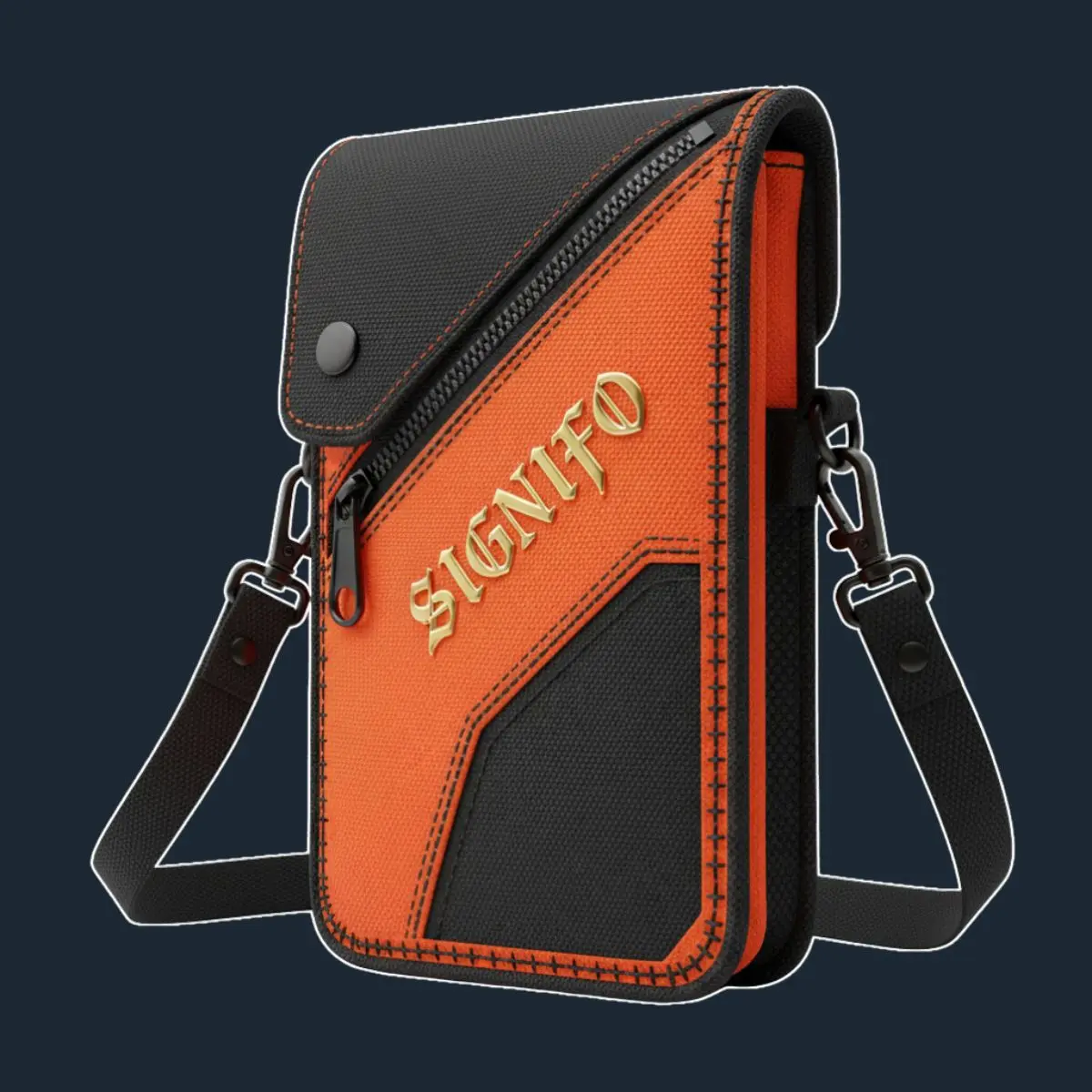 Tas ponsel oranye hitam dengan resleting diagonal.