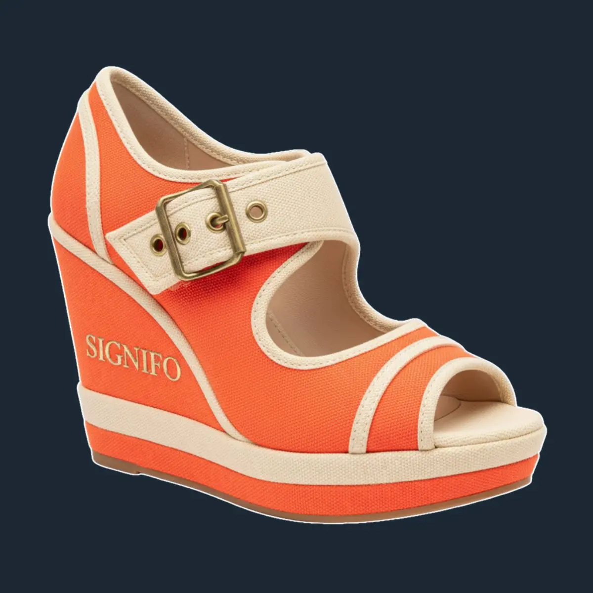 Sandal wedge oranye krem bertali pergelangan.