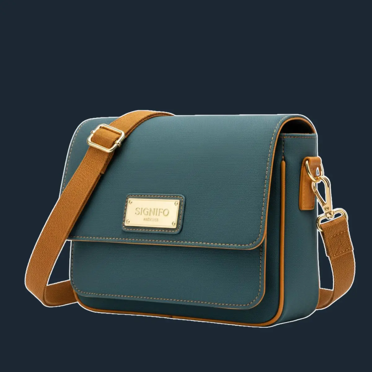 Tas selempang teal dengan trim dan tali coklat.