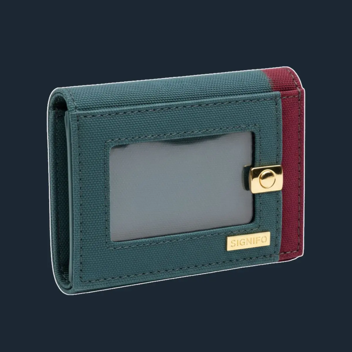 Dompet kartu teal-merah anggur dengan jendela ID dan penutup emas.