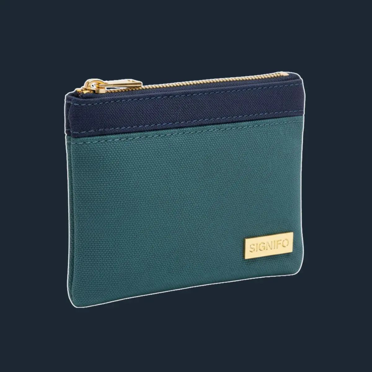 Dompet koin teal dengan panel biru tua dan ritsleting emas.