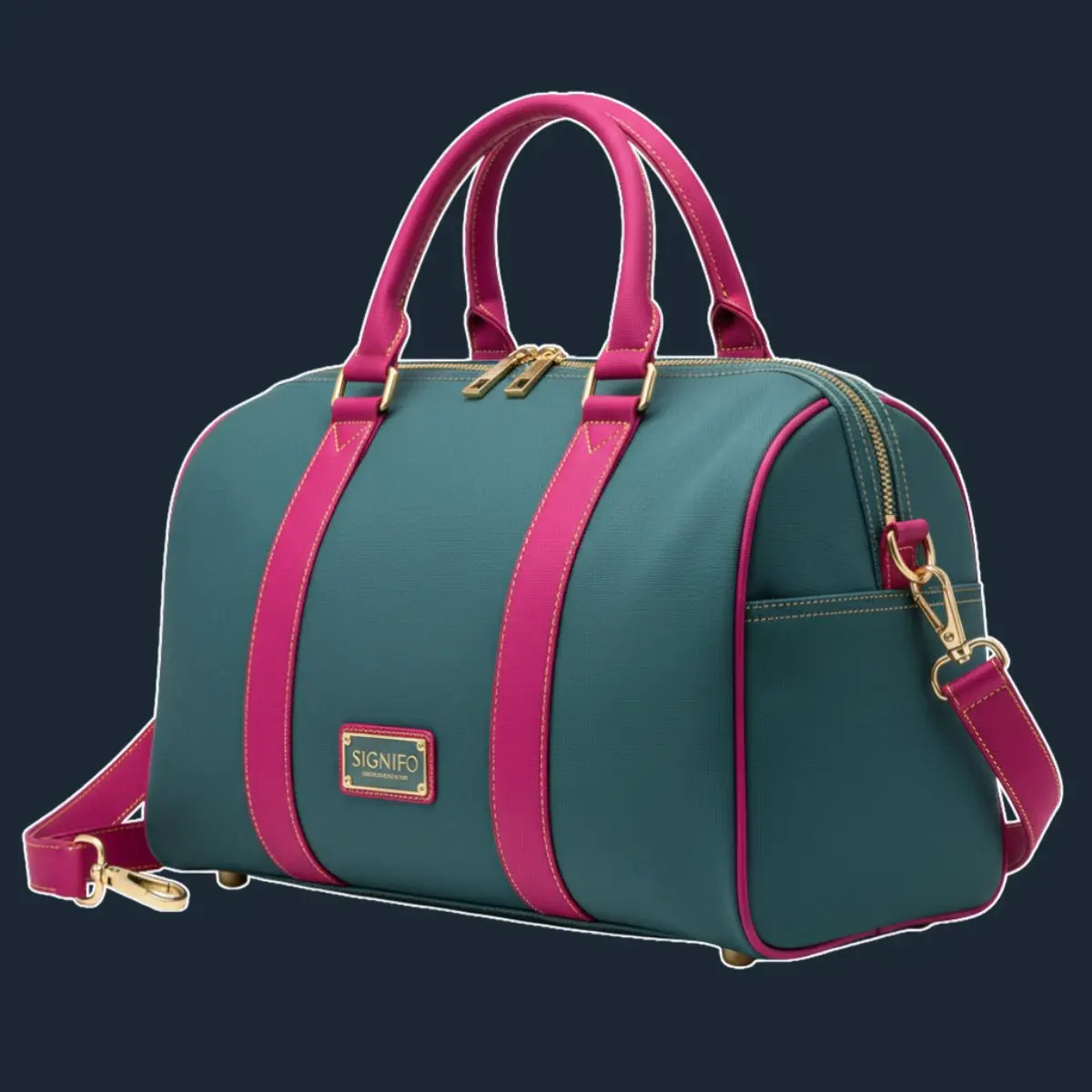 Tas duffel teal dengan tali pegangan dan strip fuchsia.