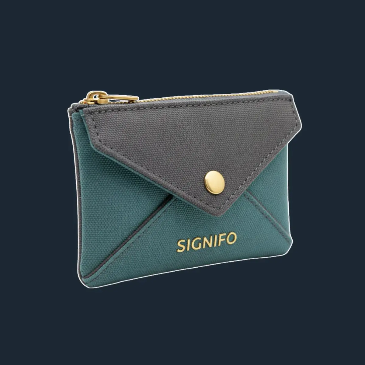 Dompet koin teal dengan penutup amplop abu-abu dan kancing emas.