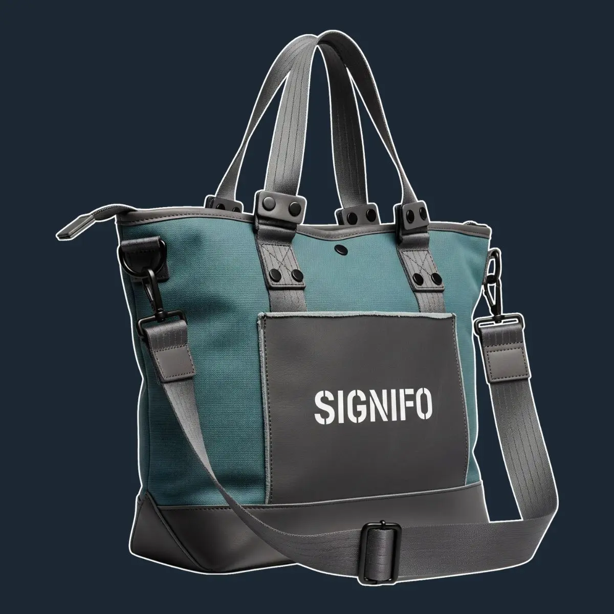 Tas jinjing teal-abu-abu tua dengan saku depan dan tali anyam.