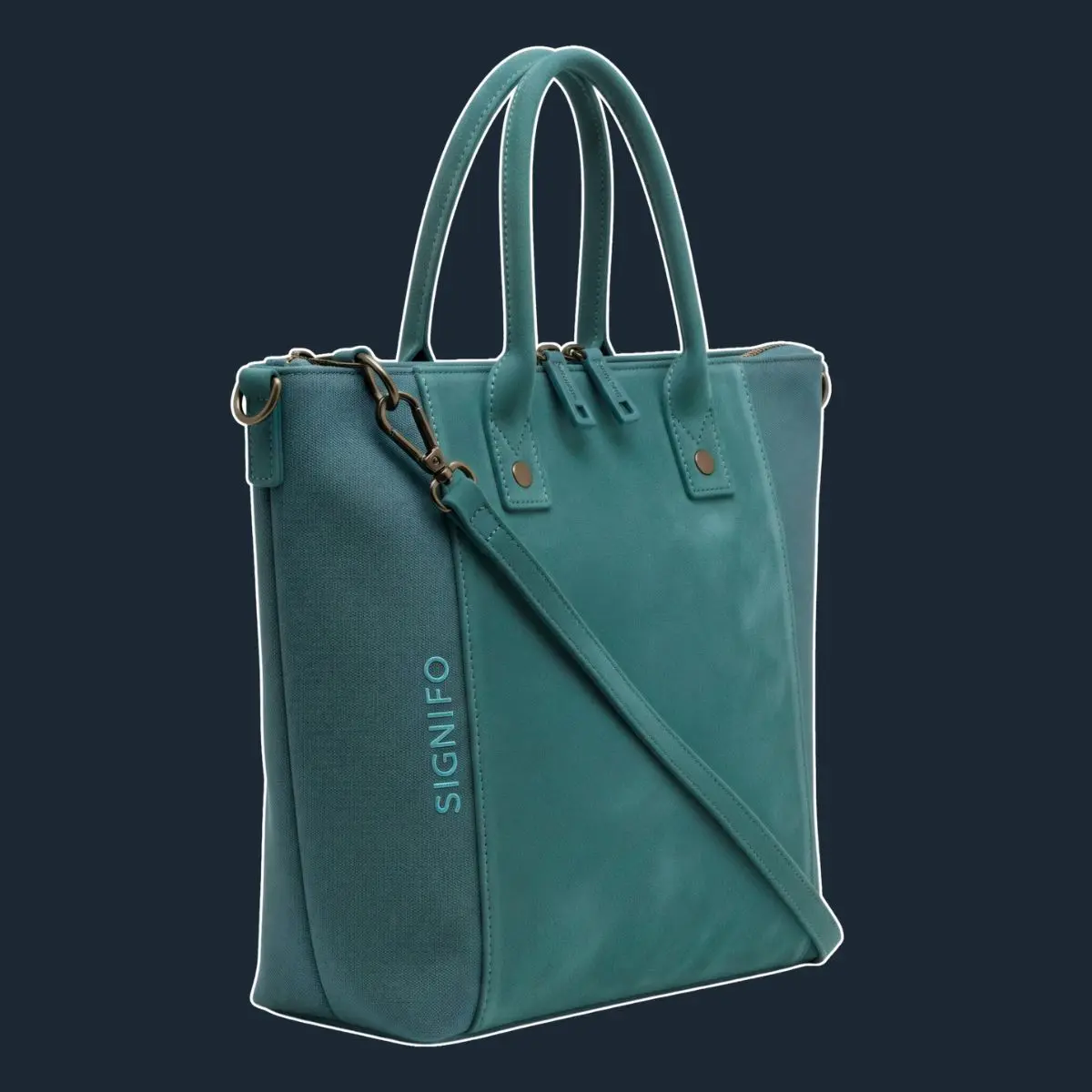 Tas jinjing teal dengan tali bahu dan detail samping.