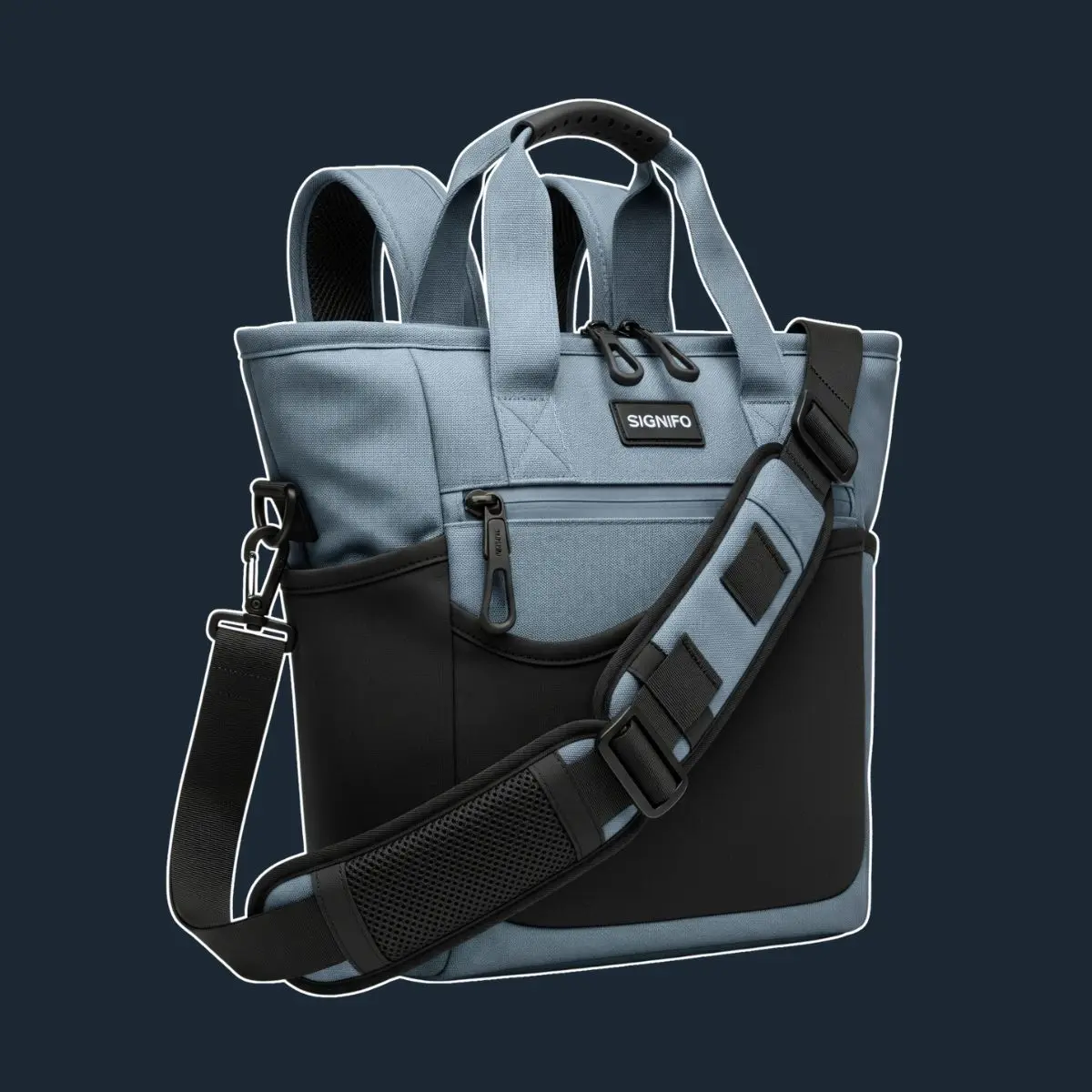 Tas jinjing/ransel biru keabu-abuan dan hitam beritsleting depan.