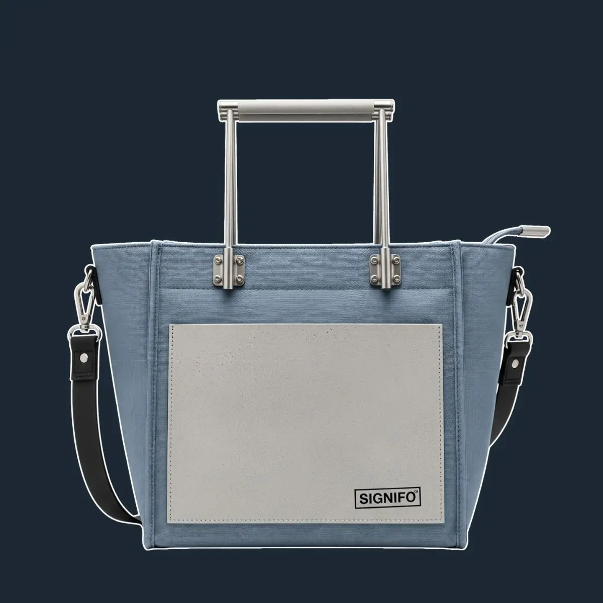 Tas jinjing biru keabu-abuan dengan pegangan logam dan saku abu-abu muda.