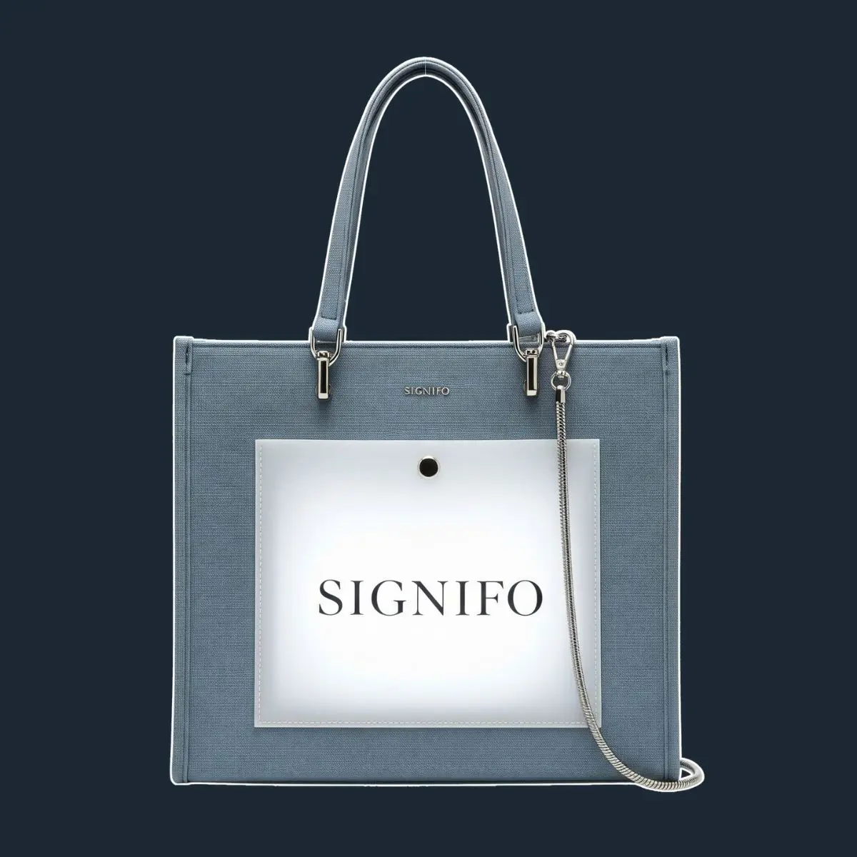 Tas jinjing biru keabu-abuan dengan saku luar transparan dan rantai.