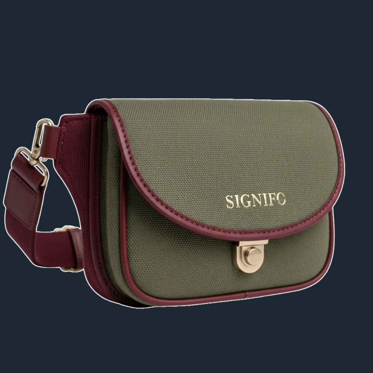 Tas pinggang olive green dengan trim merah anggur dan gesper emas.