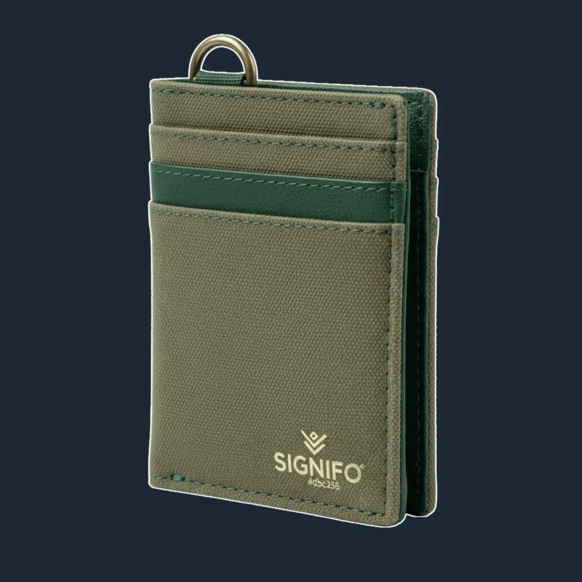 Dompet kartu olive green dengan aksen hijau tua dan gantungan kunci.