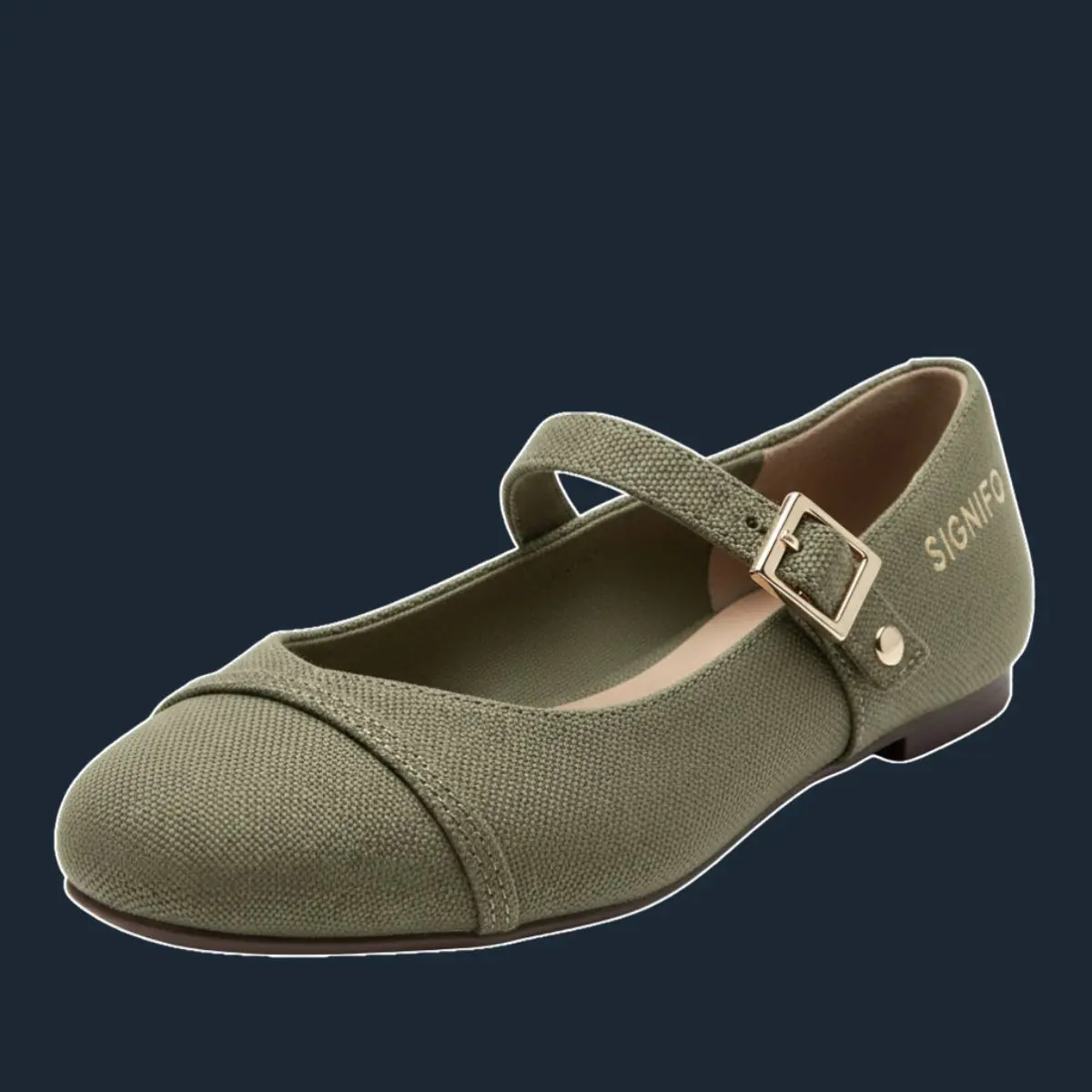 Sepatu Mary Jane olive green dengan tali tunggal dan gesper emas.