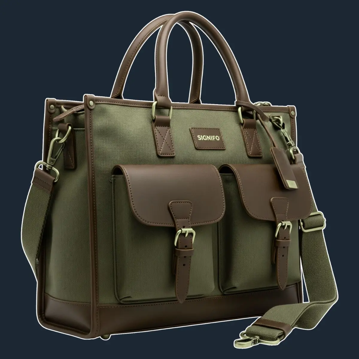 Tas jinjing olive green dan cokelat dengan dua kantong depan bergesper.