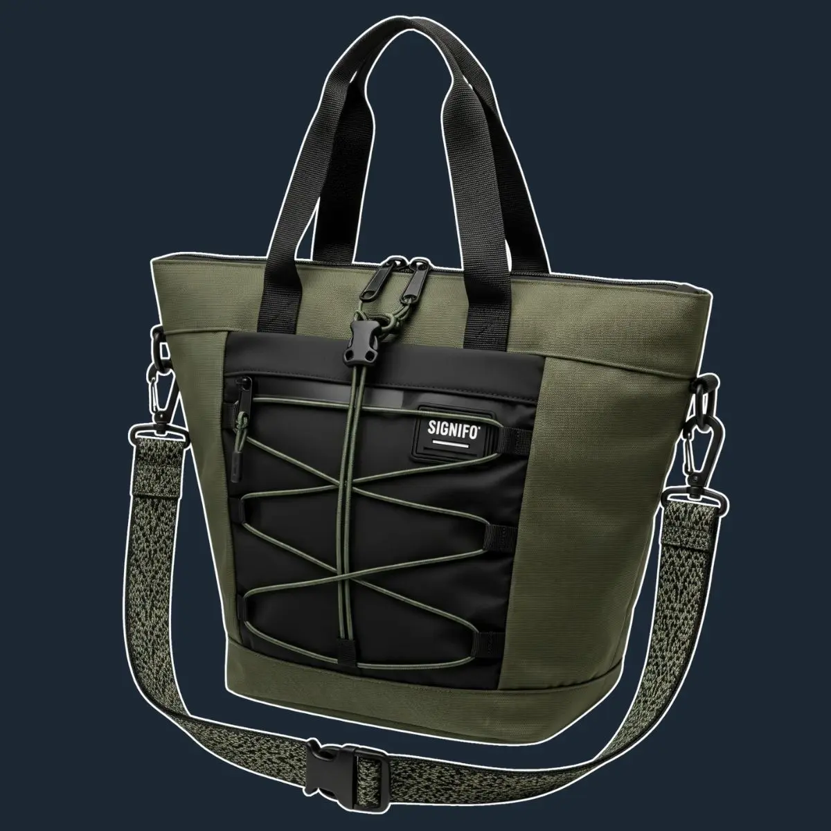 Tas jinjing olive green dan hitam dengan tali bungee di saku depan.
