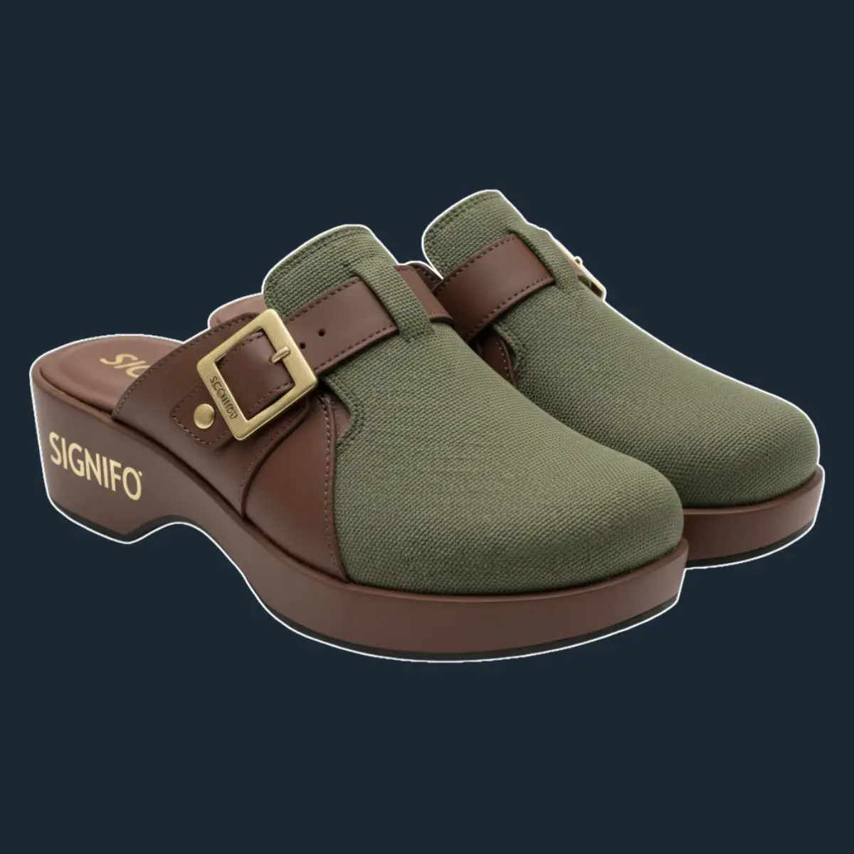 Sandal klog olive green dan kulit cokelat dengan wedge dan gesper.