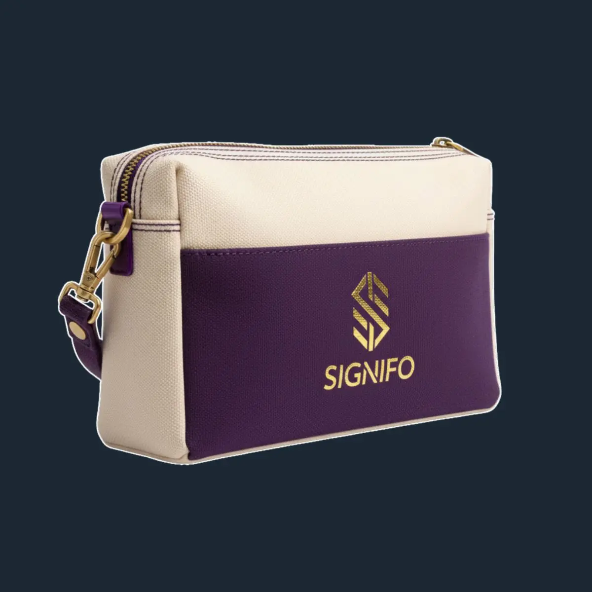 Tas selempang krem dengan panel depan ungu tua dan tali bahu ungu.