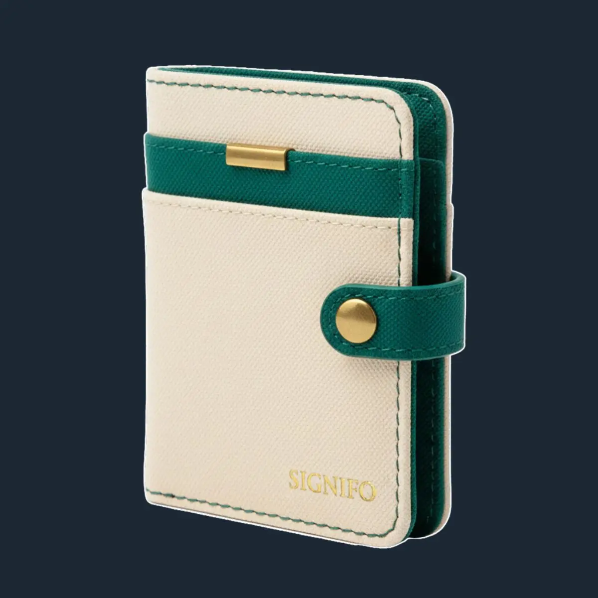 Dompet kartu krem dengan aksen teal dan tali penutup kancing emas.