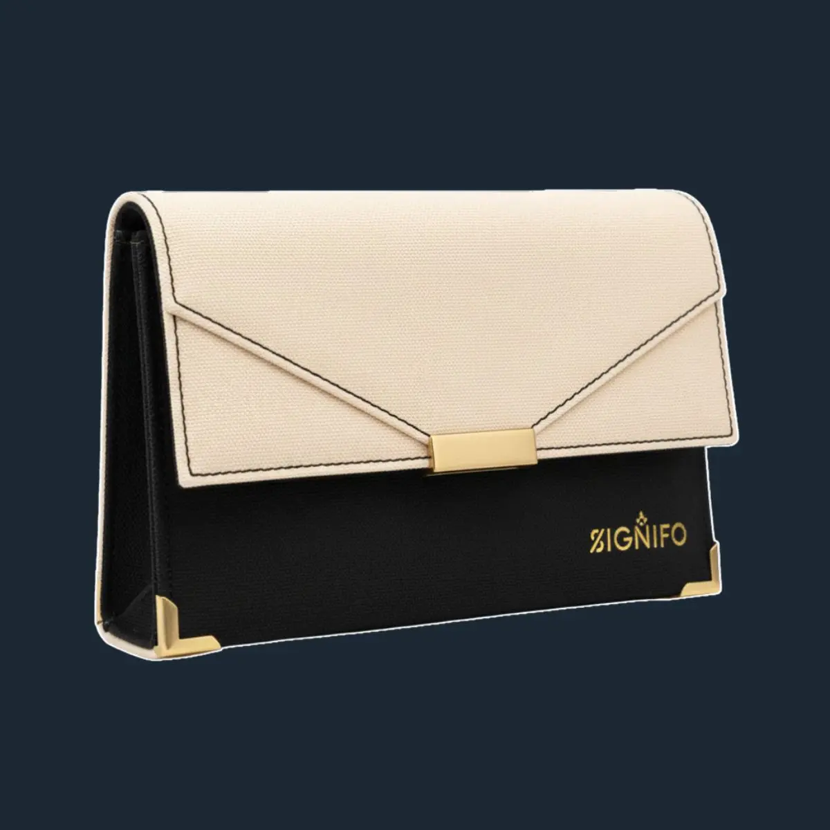 Dompet lipat krem dengan interior fuchsia dan kancing jepret emas.