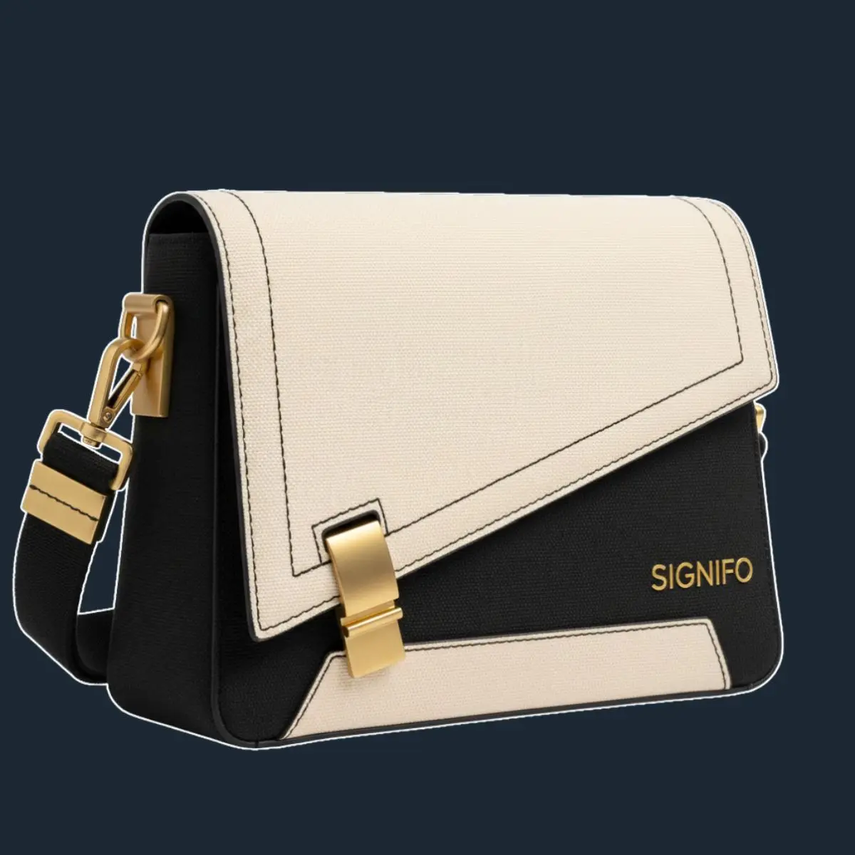 Tas selempang krem dan hitam dengan penutup amplop diagonal dan kait emas.