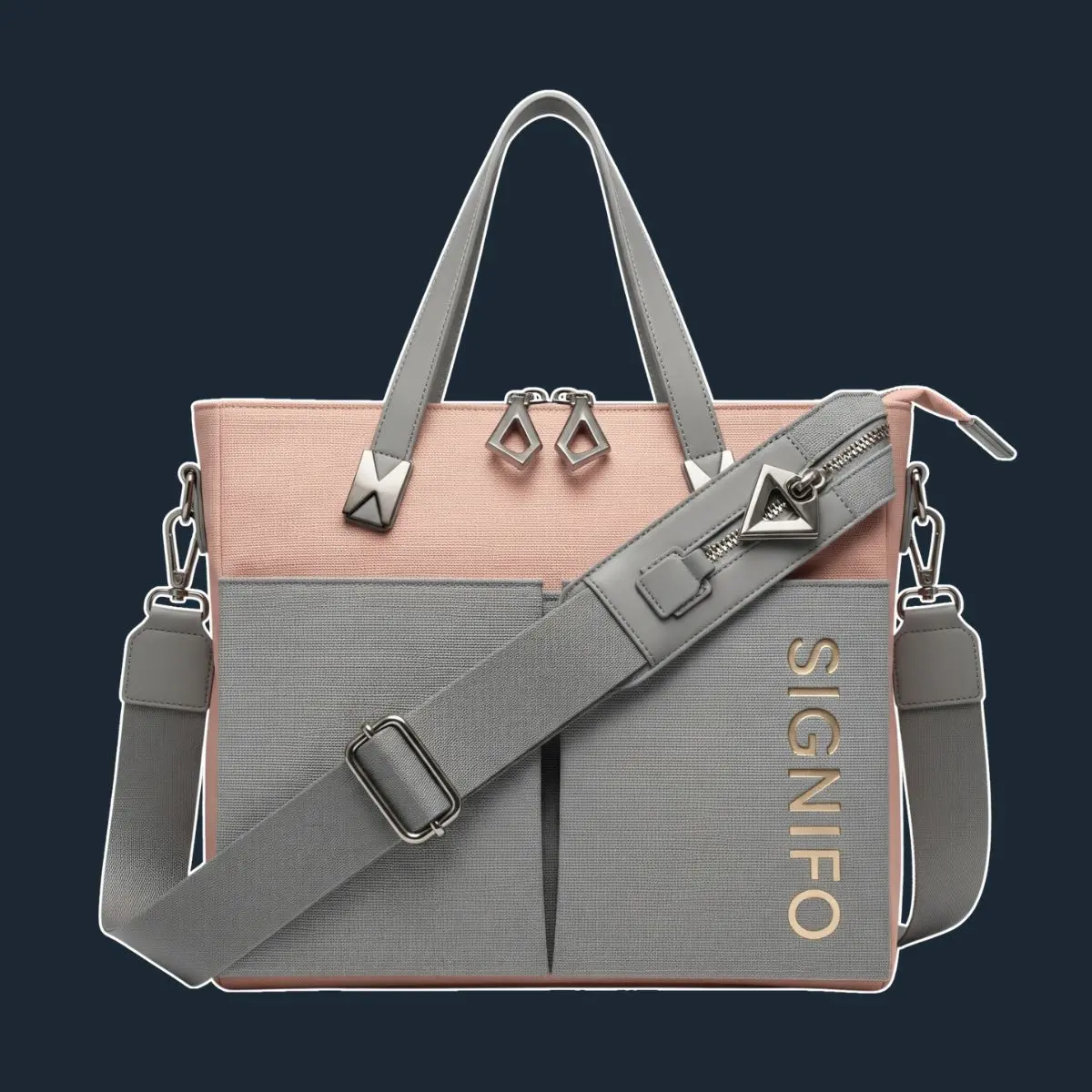 Tas tote peach pink dan abu-abu dengan saku luar geometris besar.