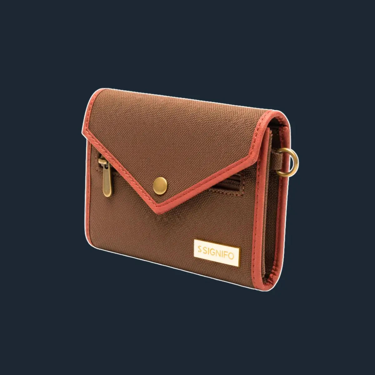 Dompet lipat cinnamon brown dengan trim merah muda-oranye dan ritsleting.