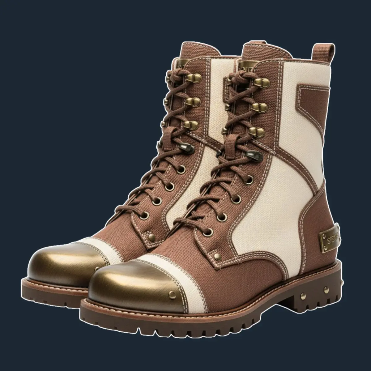 Sepatu bot combat cokelat dan krem dengan ujung logam emas.